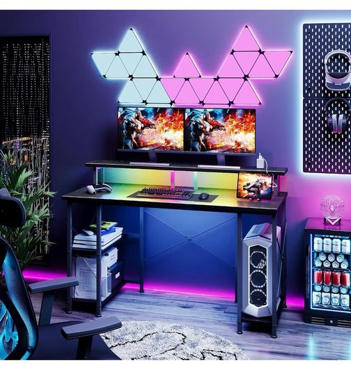 120x50cm Gaming Desk with LED Lights & Power Outlets,Black Storage Shelves, Dual Monitor Stand, Home Office & Study, Work from Home, Bedroom, Small Spaces, Dorm, Space-Saving, Students
