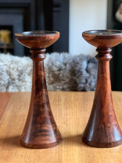 Pair of mixed wood with metal insert candlestick holders
