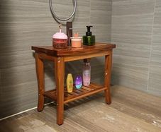 Teak Shower Bench, Spa Bath Shower Stool with Storage Shelf, Wooden Seat Stool for Bathroom