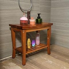Teak Shower Bench, Spa Bath Shower Stool with Storage Shelf, Wooden Seat Stool for Bathroom