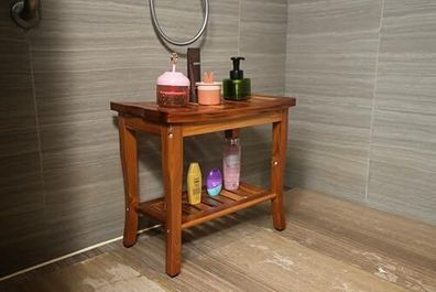 Teak Shower Bench, Spa Bath Shower Stool with Storage Shelf, Wooden Seat Stool for Bathroom