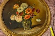 Vintage Oil Painting  Poppies in a Glass Vase Round Gilt Frame Signed H. Shaw