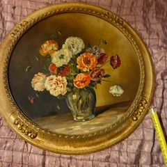 Vintage Oil Painting  Poppies in a Glass Vase Round Gilt Frame Signed H. Shaw