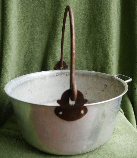 Vintage Aluminium Metal Handled Cooking Pot , Rustic Jam Pan Farmhouse Decor