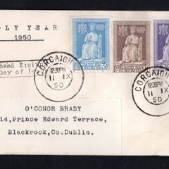 1950 Ireland Holy Year Commemorative Stamps Plain First Day Covery (FDC) with Corcaigh (Cork) Cancel