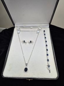 Sterling Silver 925 Navy Blue CZ Necklace Bracelet Earrings Jewelry Set