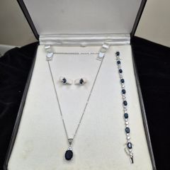 Sterling Silver 925 Navy Blue CZ Necklace Bracelet Earrings Jewelry Set