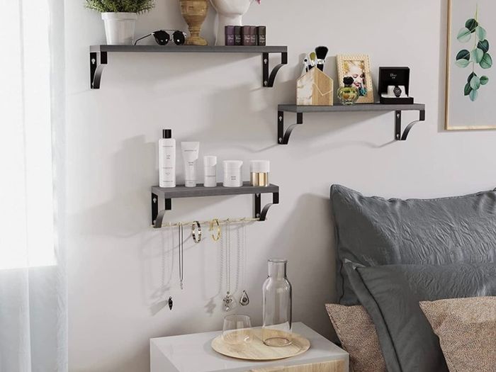 Floating Shelves Wall Mounted Shelf, Gray Paulownia Wood Wall Shelves, Wooden Shelves Set of 3 for Bedroom, Bathroom, Living Room, Kitchen, Home Office, Laundry room (FREE POSTAGE)