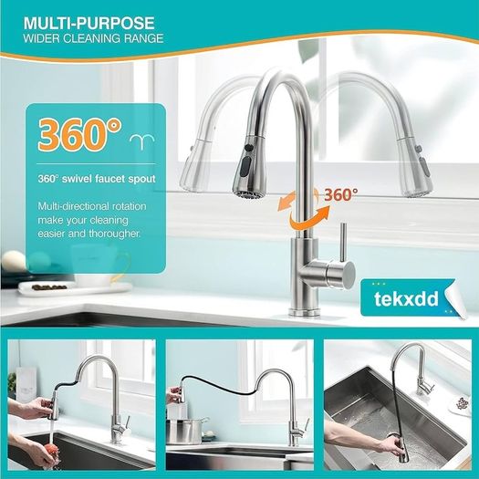 Stainless Steel Kitchen Faucet with Pull Out Sprayer, Single Handle High Arc Kitchen Sink Faucet, 360 Swivel Modern Brushed Nickel Pull Down Kitchen Tap