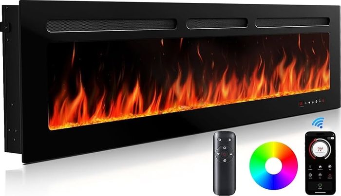 50/127cm Electric Fireplace 900W 1800W Heat Output, Ultra-Slim Wall Mounted or Recessed Electric Fireplace Inserts with App  Remote Control  Timer  20 Flame Colors Black
