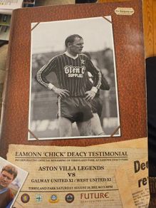 Eamonn 'chick' Deacy Testimonial.  1912 Aston Villa Legends  Vs Galway United X1/ West United X1. Incorporating official renaming of Terryland Park as Eamonn Deacy Park. First Edition Large Magazine In Good Condition.  See Photos For Same.