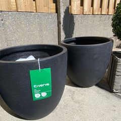 Pair of matt black fibreclay outdoor garden plant pots