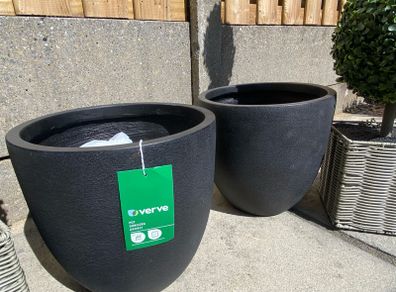 Pair of matt black fibreclay outdoor garden plant pots
