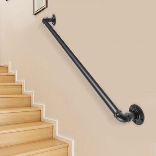 Pipe Stair Handrail, 3FT Staircase Handrail, 440LBS Load Capacity Carbon Steel Pipe Handrail, Industrial Pipe Handrail with Wall Mount Support, Round Corner Wall Handrailings for Indoor, Outdoor (FREE SHIPPING)