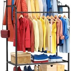 Heavy Duty Clothes Rail with Wheels, Double Rails Metal Clothes Rack with Hooks & Storage Shelf, 80kg Load Freestanding Garment Rail for Bedroom/Laundry/Shop (Black)