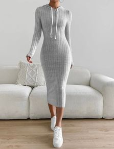 SHEIN Essnce Ribbed Knit Drawstring Hoodie Dress