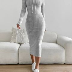 SHEIN Essnce Ribbed Knit Drawstring Hoodie Dress