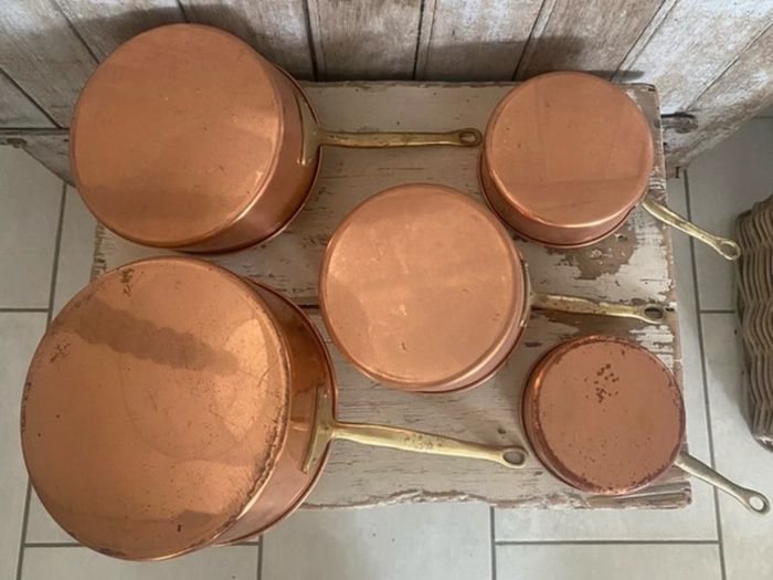 Set of 5 Vintage  Copper Saucepans with Brass Handles