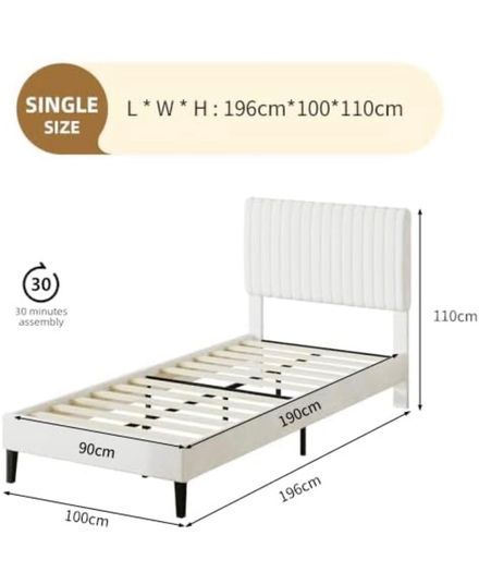 Single Bed Frame, 90 x 190 cm, Upholstered Bed with Velvet Headboard, Adjustable Height, Wooden Slat Support, No Box Spring Needed, White