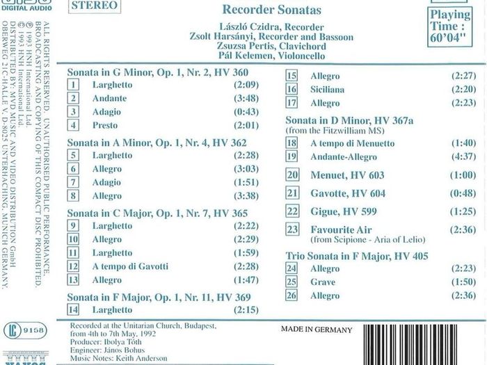 Handel. Recorder Sonatas. CD. Free Postage!