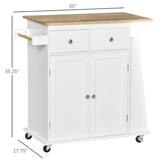 3Tier Spice Rack Rolling Kitchen Island Trolley with Rubber Wood Top, Large Storage Cabinet, Drawers & 3-Tier Spice Rack
