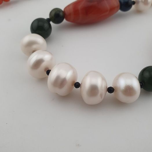 Authentic Freshwater Pearl Necklace with African Carnelian & Jade Beads