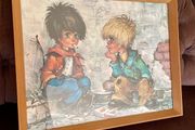 Vintage Teak Framed Certified Art print behind Glass Big Eye Art The Dropouts by Michael Thomas 1969