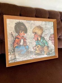Vintage Teak Framed Certified Art print behind Glass Big Eye Art The Dropouts by Michael Thomas 1969