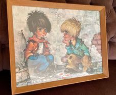 Vintage Teak Framed Certified Art print behind Glass Big Eye Art The Dropouts by Michael Thomas 1969