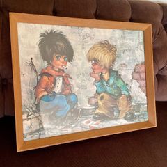 Vintage Teak Framed Certified Art print behind Glass Big Eye Art The Dropouts by Michael Thomas 1969