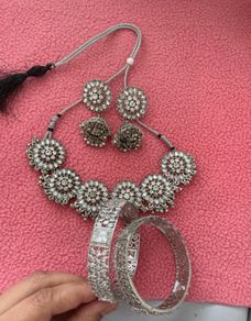 Elegant Silver-Tone CZ Necklace & Bangle Set
