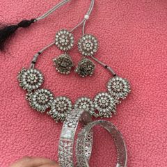 Elegant Silver-Tone CZ Necklace & Bangle Set