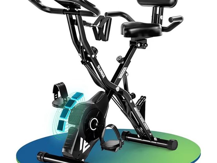 5-in-1 Quiet Folding Exercise Bikes for Home Use, 16 Level Adjustable Magnetic Resistance Foldable Stationary Exercise Bike, LCD Display with Heart Rate, 350LBS Capacity Comfort Seat