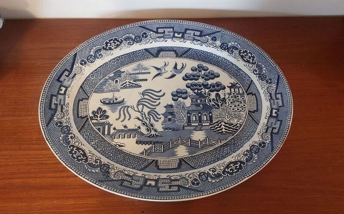 Beautiful Antique Blue and White Transferware Willow Pattern Large Oval Platter, Unknown Maker, Probably Staffordshire-Made