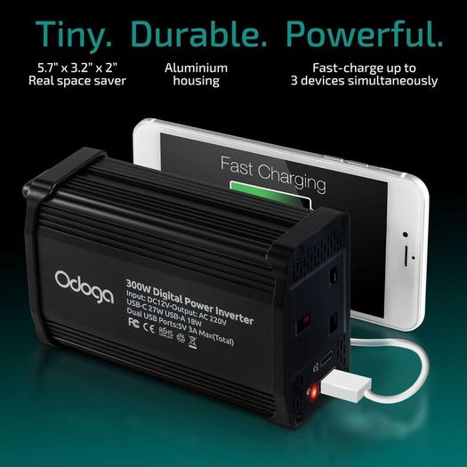 300W Car Power Inverter 12V to 240V / 230V Converter, USB-A and USB-C 3A Charging Ports - Charge Your Laptop, iPad, iPhone, Tablet, Consoles & More - Durable and Powerful - Black Aluminum Body