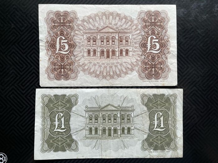 1972 Provincial Bank of Ireland Pair of 1 and 5 Pound Banknotes