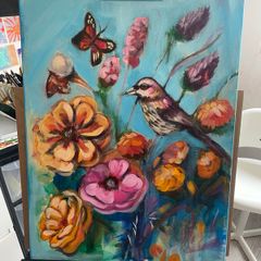 Bird & Floral Acrylic Painting on Canvas - 45x60cm