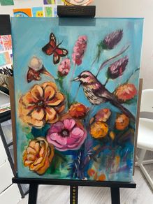 Bird & Floral Acrylic Painting on Canvas - 45x60cm