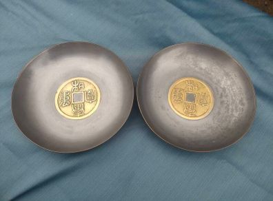A pair of Vintage 8.5" Chinese pewter and gilded metal Censor Dishes