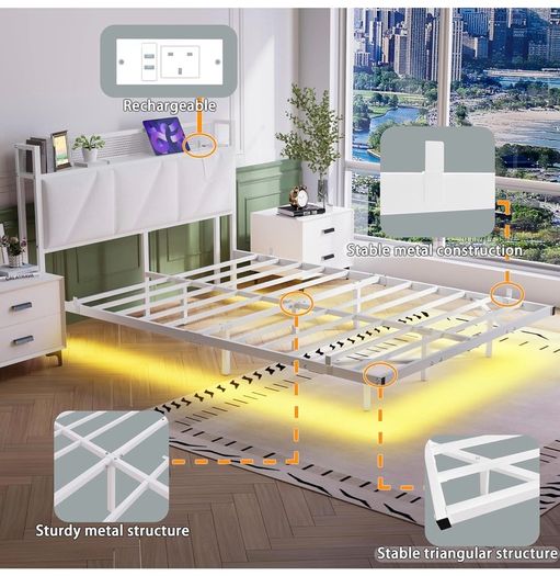 Floating Double Bed Frame with Upholstered Headboard Storage, White 135x190cm Metal Bed Frame with LED Lights & USB Charging Station, 4ft6 Platform Bed, Heavy Duty Metal Slats, Noise Free