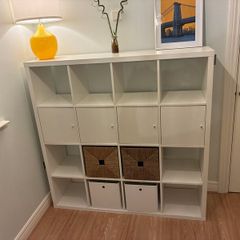 White Ikea Kallax 4x4 with 4 presses and 4 boxes