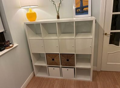 White Ikea Kallax 4x4 with 4 presses and 4 boxes