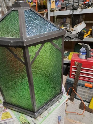 Large old metal and glass lampshades