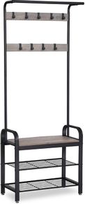coat rack, cloakroom, shoe rack with seat, clothes rack with 9 removable hooks, bench, 2 grid shelves, 183 cm high, industrial design, greige black