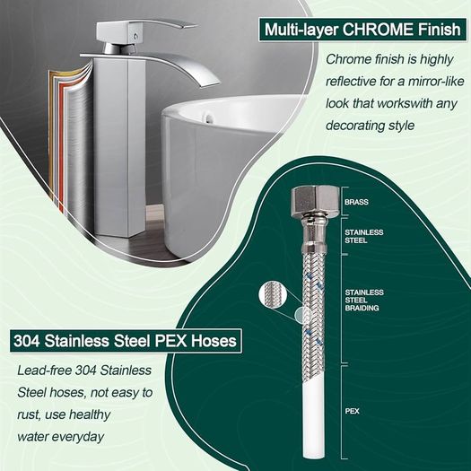 Waterfall Tall Bathroom Basin Mixer Taps with Single Lever, Square Mono Basin Mixer Tap Sink, Chrome