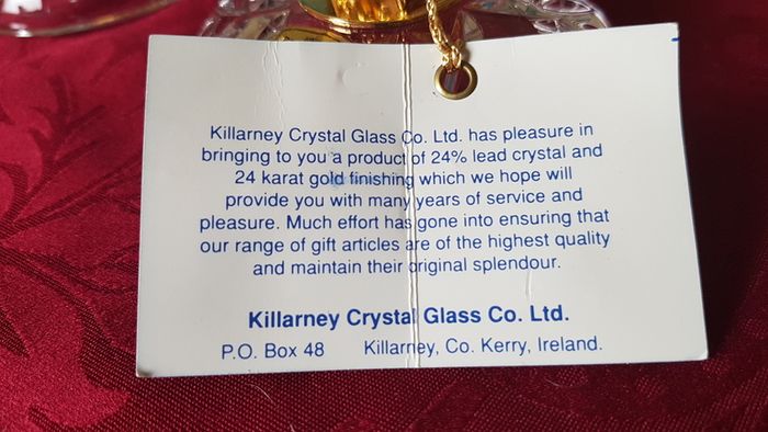 Killarney Crystal Cut Crystal Glass Happy Birthday Lidded Jewelry Dish / Bowl With 24 Carat Gold Cover Handle and Footed Base Finishing Made In Ireland