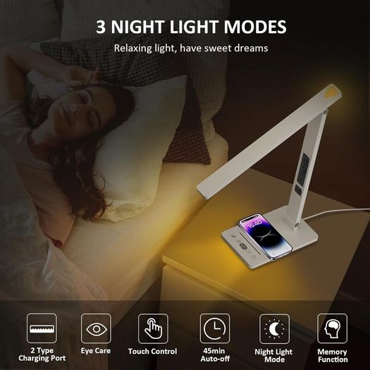 LED Desk Lamp with Wireless Charger & USB Charging Port, 5 Colors 5 Brightness Dimmable Eye-Caring Table Lamp with Night Light, LCD Screen Clock Temperature Timer Touch Control Bedside Lam