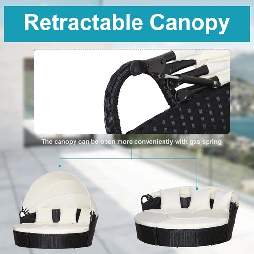 5 Piece Cushioned Outdoor Plastic Rattan Wicker Round Sofa Bed Coffee Table Sectional Patio Conversation Furniture Set - Black