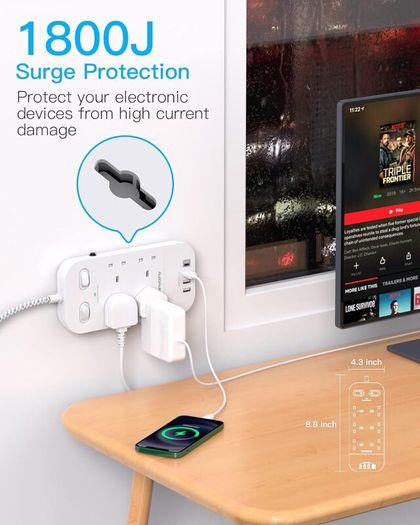 4 Way Surge Protected Extension Lead with USB Slots Multi Plug Power Strip Extension Cable with Double Switches, Plug Extension Socket 1.8M Braided Extension Cord for Home Office Accessories Brand: HANYCONY