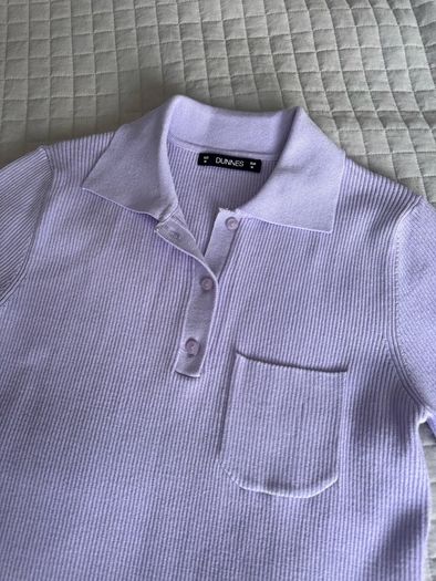Dunnes Lilac Purple Fine Knit Ribbed Polo Shirt Top - Size M